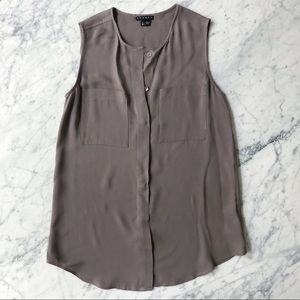 THEORY silk taupe sleeveless button down top XS